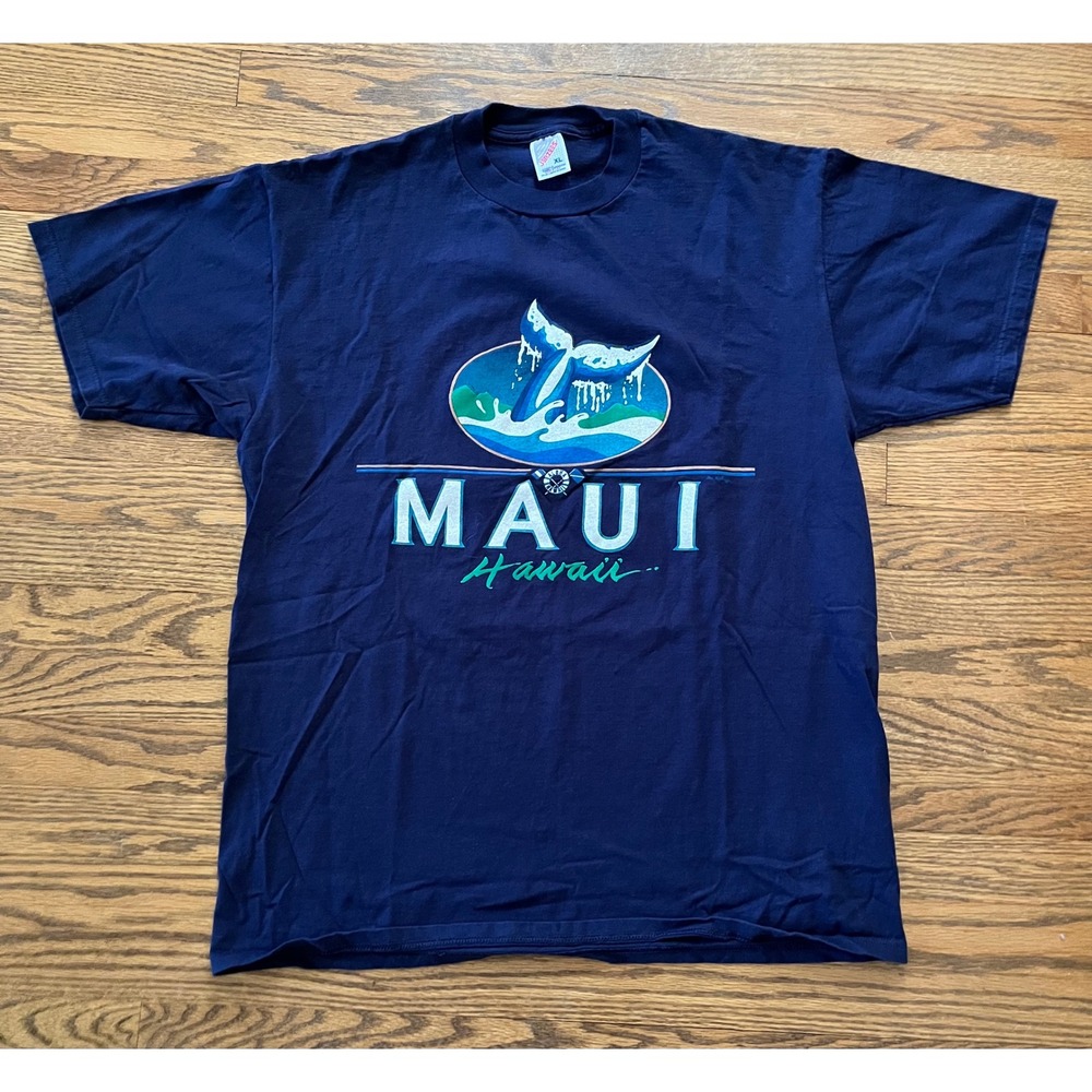Vintage Jerzees Maui Hawaii Whale Tail Glitter Graphic T-Shirt Navy Blue XL USA